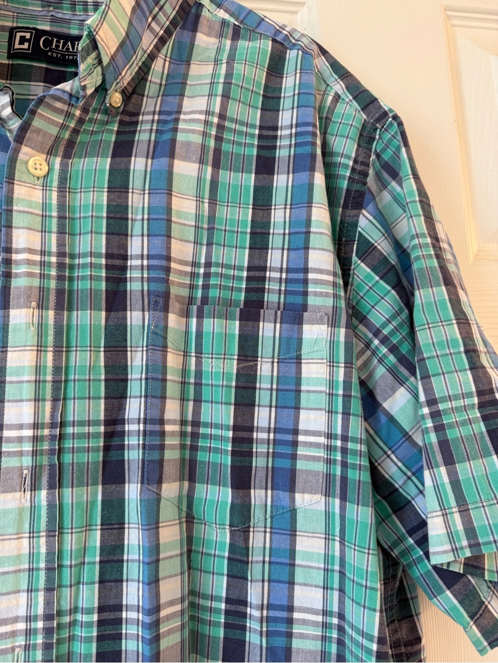 Chaps Men’s Short-Sleeve Plaid Button-Down Shirt - Green & Blue size XL - Picture 2 of 4